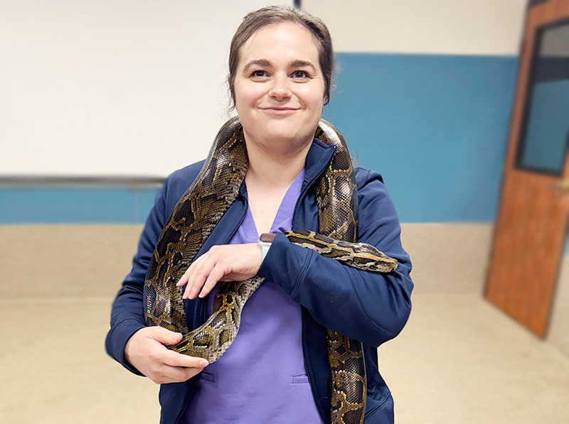 Dr. Molly O'Brien, Reptile Veterinarian with a snake at Blue Springs Animal Hospital Dr. Molly O'Brien, Reptile Veterinarian with a snake at Blue Springs Animal Hospital